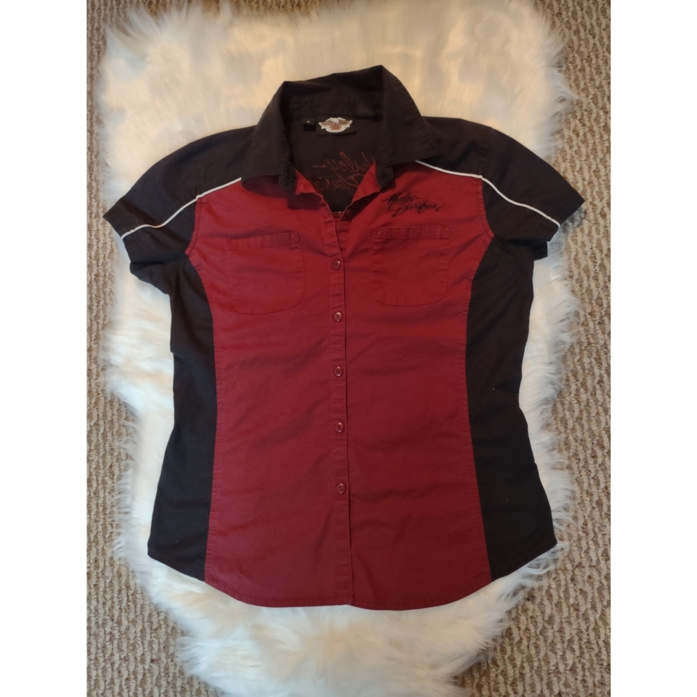 Vintage Harley Davidson Blouse Small Colorblock Red & Black Button Down